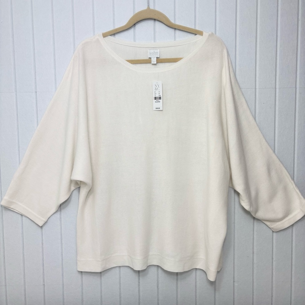 Soho white textured knit loose boxy sweater ,boat neck and‎ 3/4 sleeves XXL